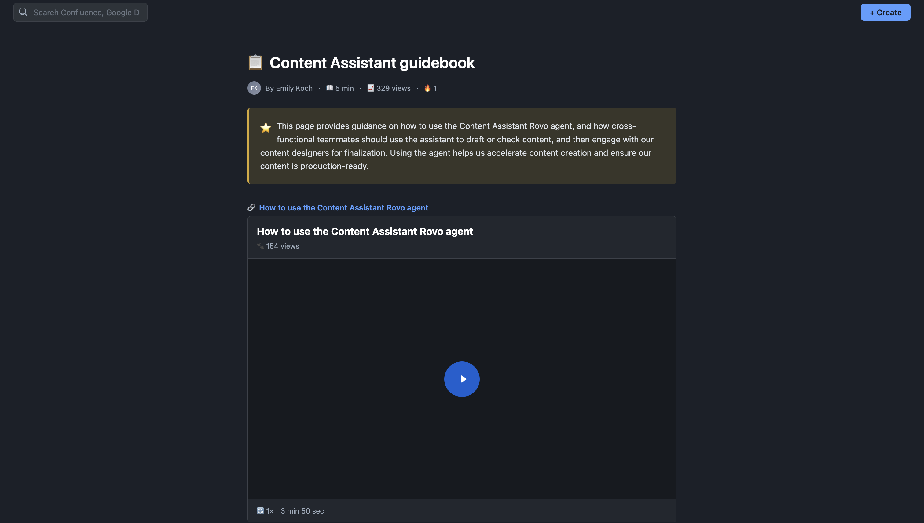 Screenshot of the Content Assistant guidebook in Confluence, showcasing both written and video guidance on how to use the AI agent